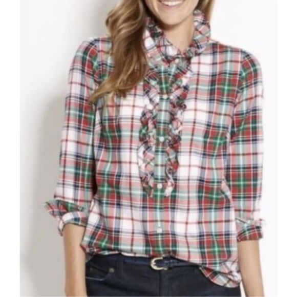 Vineyard Vines Ruffle Neck Holiday Plaid Button Down Blouse Top Women’s Size 6 - Picture 1 of 9